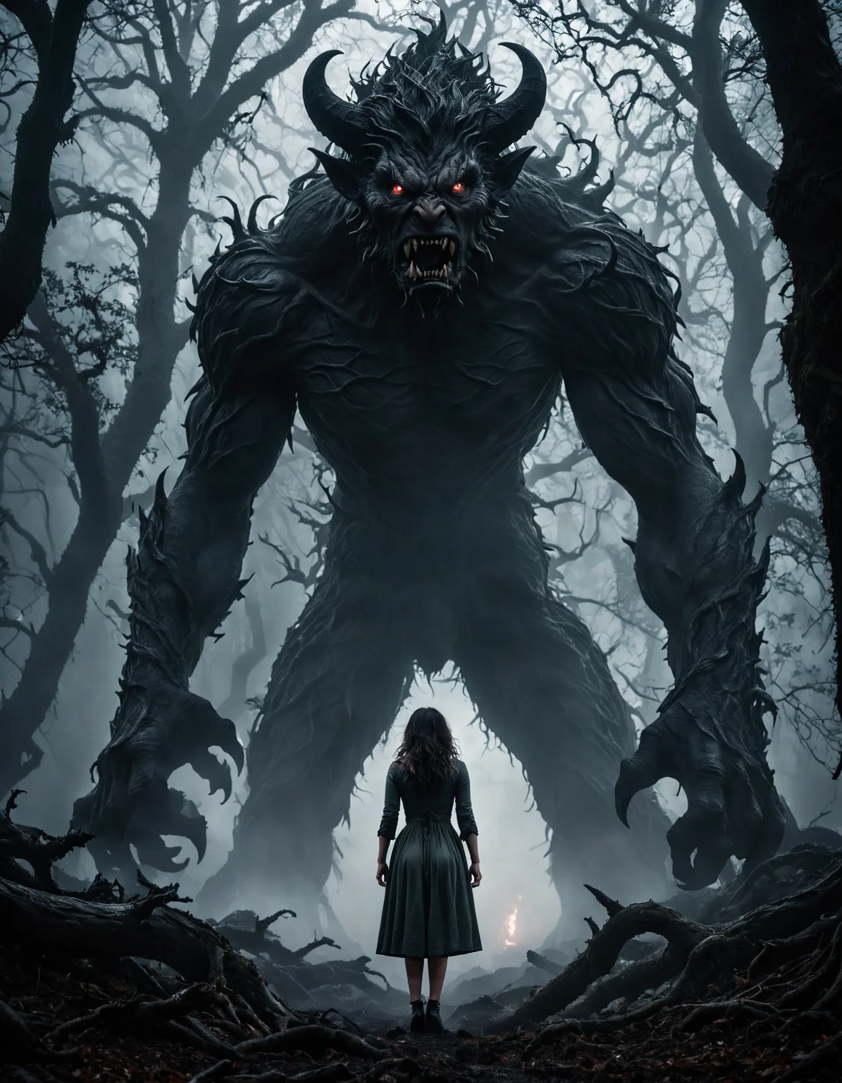 A photorealistic image of a woman in her early 20s, with a look of awe and fear on her face, suddenly finding herself in a dark, eerie world filled with towering monsters and demons. She stands amidst twisted, gnarled trees and mist-covered ground, illuminated by a dim, ominous light. The camera shot captures her from the knees up, emphasizing her surroundings. 8K resolution, ultra-high detail, natural lighting, Canon EOS R5, dramatic atmosphere, macro shot, sharp focus, perfectly composed.