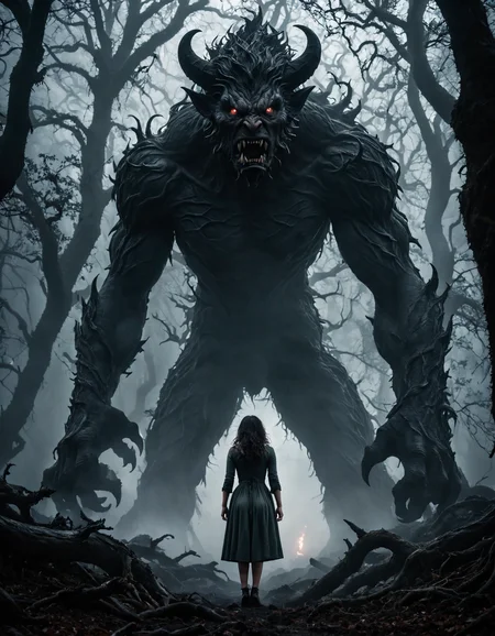 A photorealistic image of a woman in her early 20s, with a look of awe and fear on her face, suddenly finding herself in a dark, eerie world filled with towering monsters and demons. She stands amidst twisted, gnarled trees and mist-covered ground, illuminated by a dim, ominous light. The camera shot captures her from the knees up, emphasizing her surroundings. 8K resolution, ultra-high detail, natural lighting, Canon EOS R5, dramatic atmosphere, macro shot, sharp focus, perfectly composed.