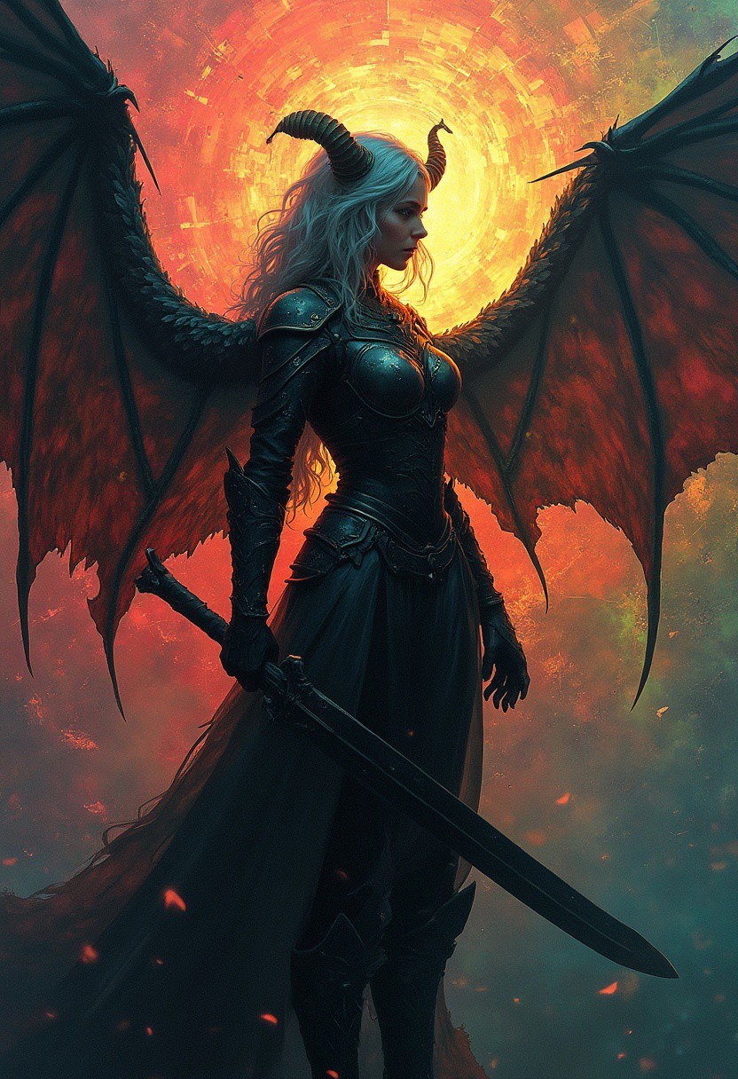 Thr focus is on a female silver haired demon hunter whose armor is partially fractured and shattered like it was glass. The backdrop is composed of different colors transitioning from warm reds and yellows near the center to calming blues and greens toward the periphery. The backdrop is centered behind the subject. The colors are separated by metallic fractures, creating a glowing mosaic effect. The colors of the backdrop are most intense near the center. The backdrop is partially shattered like glass. The subject itself is a stark and gloomy silhouette, contrasting beautifully against the vibrant, light-filled fragments surrounding it. The hunter has majestic feathered wings, but they are not the focus. Emphasis is placed on the hunter and the backdrop. The hunter is armed and about to fight.