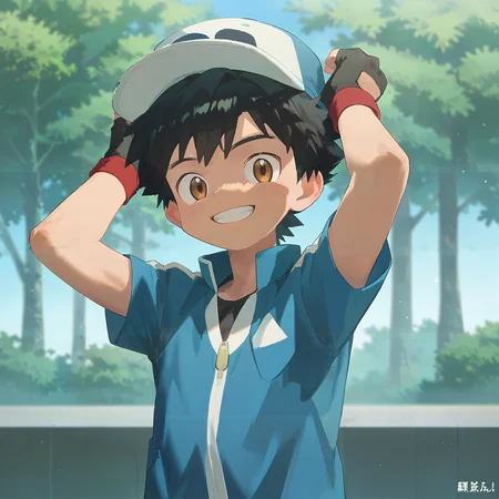 <lora:bttn-000007:1>,, score_9, score_8_up, score_7_up, source_anime, highly detailed, 1boy, solo, male_focus, slender, skinny, cute, full body,
1boy, male focus,solo, brown eyes, smile, jacket, outdoors, closed mouth, blue jacket, day, shirt, black hair, tree, bangs, hat, clenched hands, hands up, smile, teeth, happy, fingerless gloves, hands behind head, upper body,
simple background,<lora:Ash:0.800000>