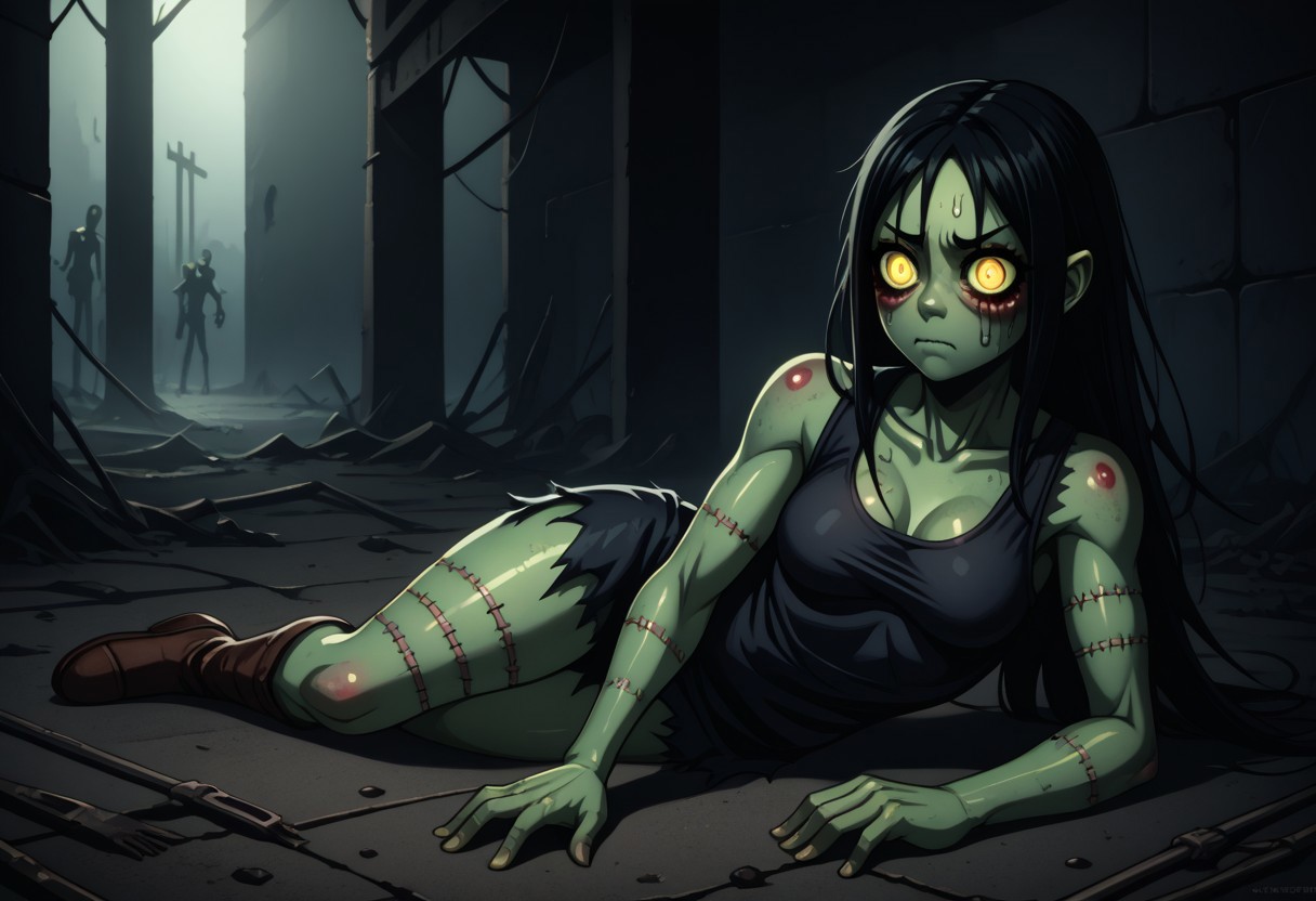 cemetary, a zombie girl lies on the ground with torn clothing, long black hair, green skin, stitches, closed mouth