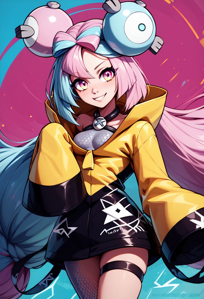 score_9, score_8_up, score_8, medium breasts, (curvy), cute, eyelashes,     
rating safe, 
BREAK,
zzionopokemon, solo, 1girl,  long hair, pink eyes, blue hair, pink hair, light blue hair, multicolored hair, bow-shaped hair, yellow jacket, sleeves past fingers, single leg pantyhose, thigh strap, 
BREAK,
smile, looking at viewer, 
abstract electric background, glowing, 
zPDXL,