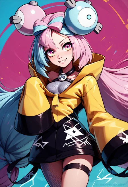 score_9, score_8_up, score_8, medium breasts, (curvy), cute, eyelashes,
rating safe,
BREAK,
zzionopokemon, solo, 1girl, long hair, pink eyes, blue hair, pink hair, light blue hair, multicolored hair, bow-shaped hair, yellow jacket, sleeves past fingers, single leg pantyhose, thigh strap,
BREAK,
smile, looking at viewer,
abstract electric background, glowing,
zPDXL,