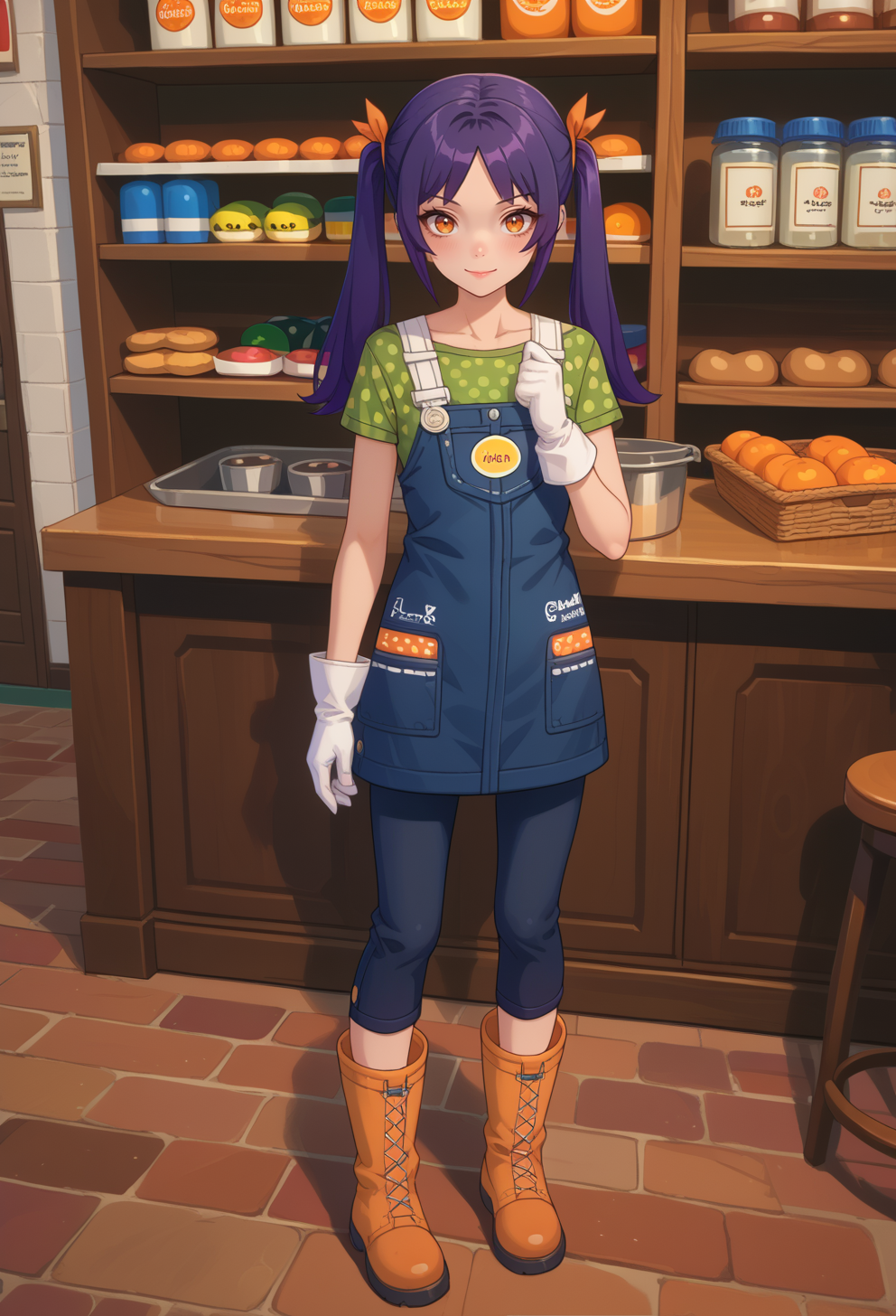 score_9, score_7_up, source_anime, BREAK <lora:AESjal:0.7> AESjal, orange eyes, long hair, purple hair, sidelocks, twintails, hair ribbon, orange ribbon, badge, blue overalls, green shirt, polka dot shirt, short sleeves, white gloves, overall skirt, capri pants, boots, yellow footwear, smile, indoors, counter, videocassette, videostore, shelf, holding videocassette, holding videotape,