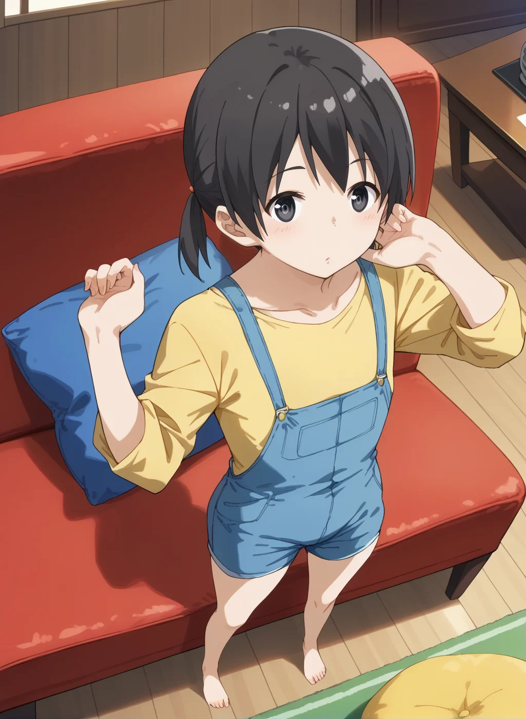 (score_9,score_8_up,score_7_up,source_anime,anime,nsfw,rating_explicit,uncensored),(High quality, Ultra detailed, best quality, insanely detailed, beautiful, masterpiece,perfect lighting) BREAK
<lora:kuramoto_chinatsu_V1:1>,(kuramoto_chinatsu, black eyes, black hair, long hair, short twintails, overall shorts,suspenders, yellow shirt, barefoot),1girl,solo,giggling,standing,indoors,couch,cushion,carpet,from_above,full body,looking_at_viewer,