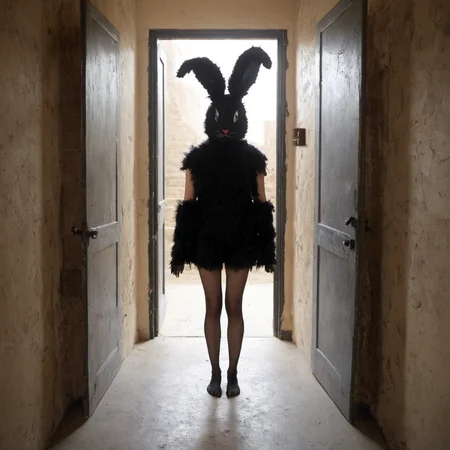 <lora:SDXL_Mask_Sa_May:1> mask, a person in a bunny suit standing in a doorway