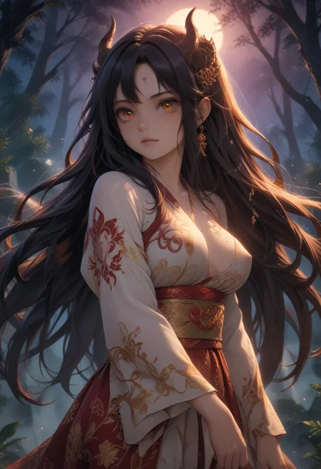 score_9, score_8_up, score_7_up, score_6_up, dynamic, (anime, masterpiece), best quality, (8k), detailed background, sharp focus, intricate, ambient lighting, super high quality, hyper detailed background, cinematic lighting, adult, double tone long hair, medium breasts, verybadimagenegative_v1.3, mature, fantasy, Oni, Crimson skin glowing under the moonlight , Twin horns curving majestically , Traditional Japanese kimono imbued with celestial patterns , Striking amber eyes that pierce the soul , Flowing ebony hair cascading like a waterfall , Mystical tattoos that shimmer with hidden power , Standing amid a forest engulfed in deep mist
