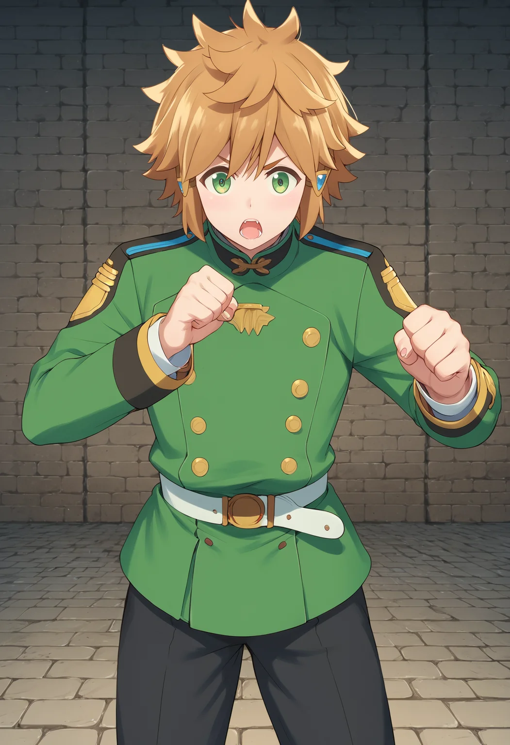 score_9,score_8_up,score_7_up,score_6_up,score_5_up,score_4_up,lloyd belladonna,solo,looking at viewer,open mouth,1boy,standing,jacket,male focus,cowboy shot,pants,belt,:o,uniform,v-shaped eyebrows,black pants,military uniform,clenched hands,green jacket,fighting stance,official art,<lora:lasdanV2:1>,front view,white belt,punching,dungeon,indoors,stone wall,stone floor,