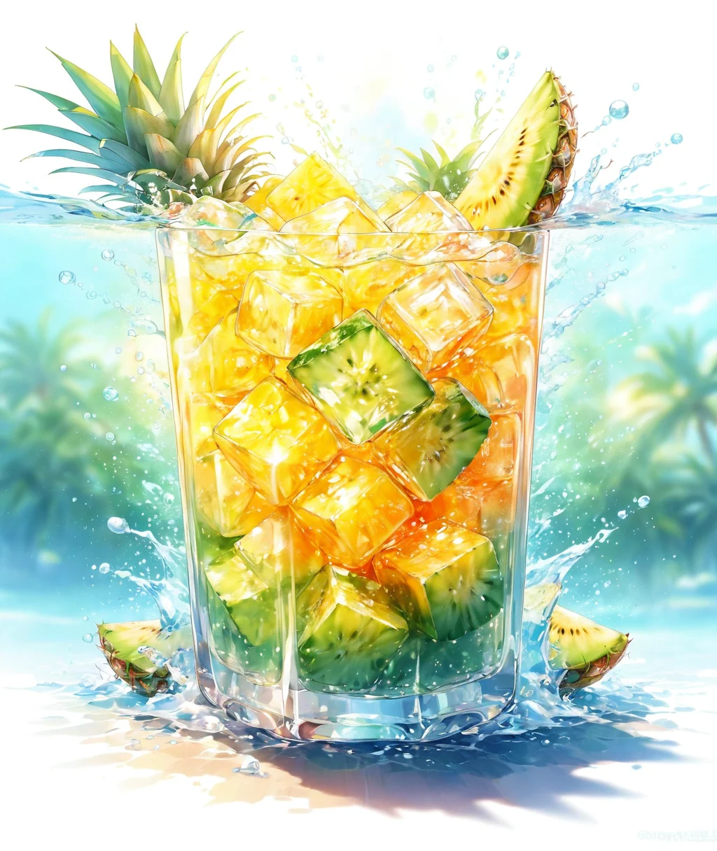 masterpiece,1cup,ice cube,pineapple,melon,drink,golden|orangered bubble water,swimming pool background,warmlight,Summer_drinking_style,<lora:Summer_drinking_style-model:1>,