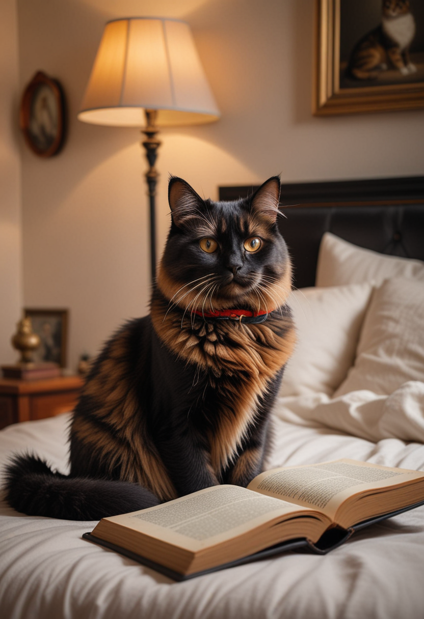 (medium full shot) of (cute cat), black fur, tortoiseshell, copper, shiny collar,  set in  a quiet bedroom with a fluffy bed, a reading nook, and soft lighting, while watching birds intently, Masterpiece,best quality, photo, realistic, very aesthetic,