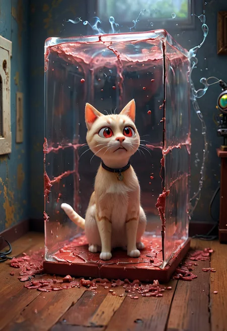 pixar style. A blonde adult woman is stuck in a glass cube in a room with red tile. The glass door goes from floor to ceiling. The door is opened. There is steam billowing out of the floor. The steam is all over.  A small robotic cat is looking at her from outside the door. The cat has dark red eyes and looks evil. 
 (8k uhd:1,4)
<lora:add-detail-xl:1>
<lora:Dynamic Poses:1>