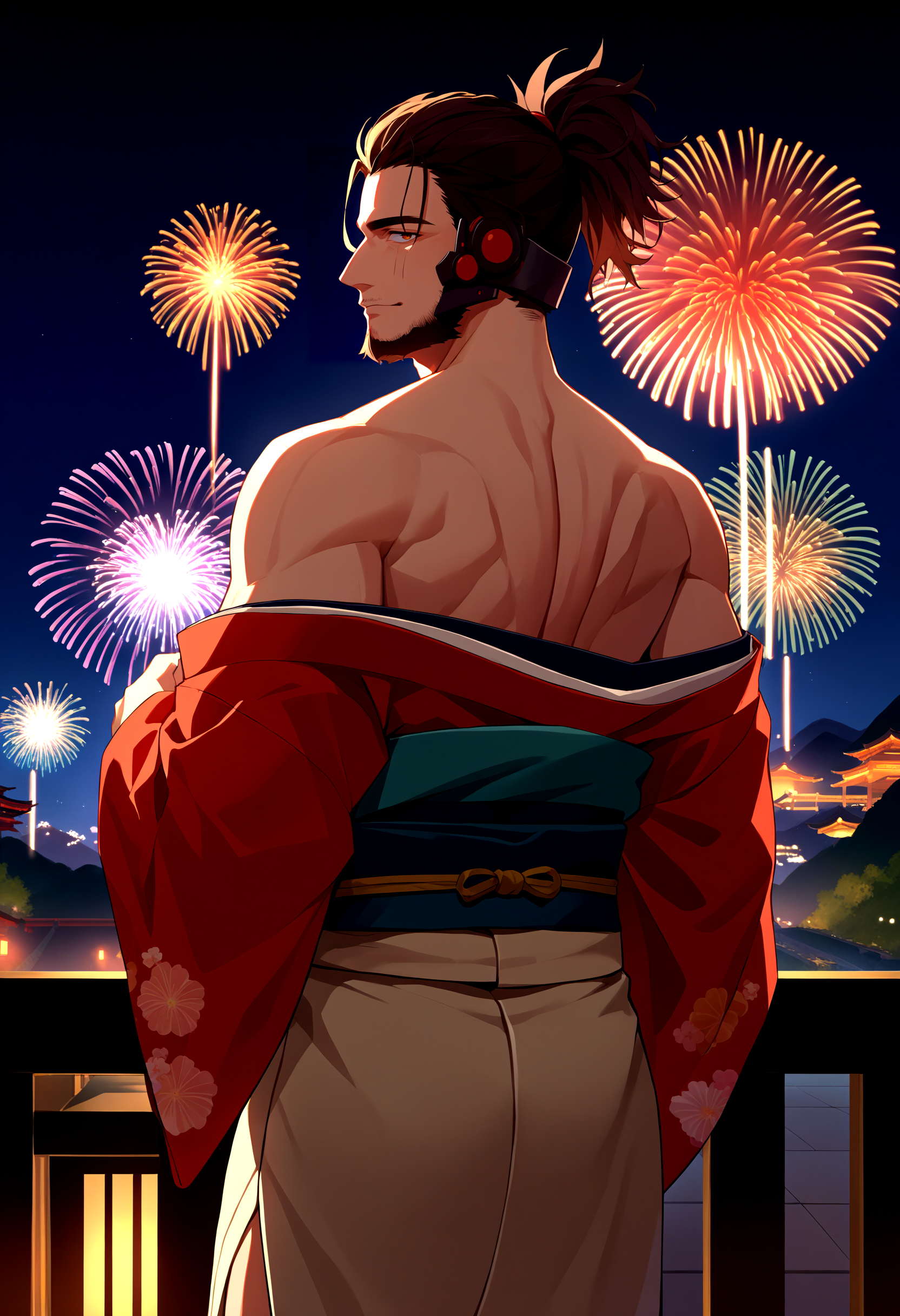 score_9, score_8_up, source_anime, 1boy, solo, JetstreamSam, beard, <lora:JetstreamSam_XLPD:1>, kimono, off shoulder, from behind, fireworks, night, looking at viewer, headgear,