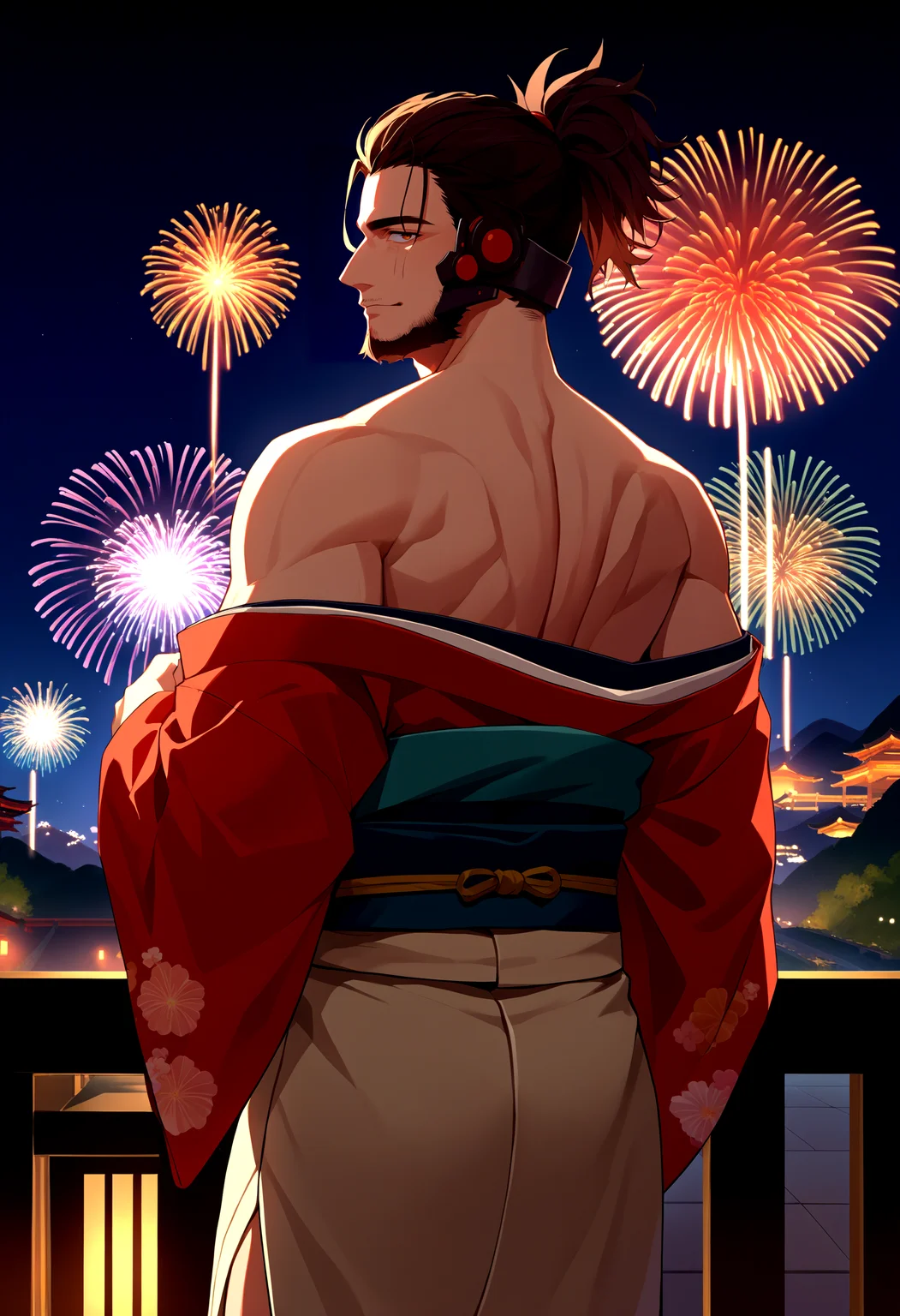 score_9, score_8_up, source_anime, 1boy, solo, JetstreamSam, beard, <lora:JetstreamSam_XLPD:1>, kimono, off shoulder, from behind, fireworks, night, looking at viewer, headgear,