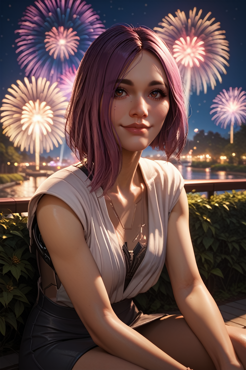 score_9, score_8_up, score_7_up, score_6_up
<lora:CyberSongbird:0.8>
CyberSongbird, 1girl, purple hair, brown eyes, looking at viewer, sitting, at night, fireworks, park, looking up, smile