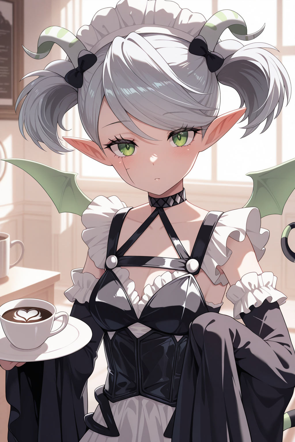 1girl,
AriannaTheLabrynthServantYu-Gi-Oh,
general, solo, pov dating, upper body,
green horns, grey hair, short twintails, green eyes, eyelashes,
pointy ears, wings, tail, green tail,
maid, hair bow, maid headdress,
black choker, black corset, frilled dress,
detached sleeves, very long sleeves, sleeves past fingers,
maid apron,
looking at viewer, giving, holding plate, coffee,
indoors, white theme,
<lora:kp_AriannaTheLabrynthServantYu-Gi-OhIllustrious_v1_0:1.0>,
masterpiece, best quality, amazing quality