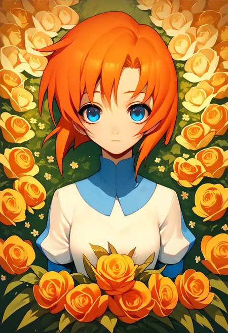 score_9, score_8_up, score_7_up, score_6_up, score_5_up, score_4_up, <lora:blu3sXLP:0.7> blu3s, 1girl, flowers, rena ryuuguu, orange hair, short hair, blue eyes,