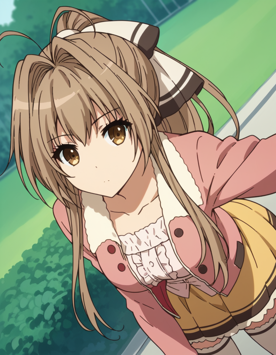 score_9, score_8_up, score_7_up, source_anime,
isuzusento, <lora:isuzu-sento-s1-ponyxl-lora-nochekaiser:1>,
isuzu sento, long hair, brown hair, bow, brown eyes, ponytail, hair intakes, antenna hair,
skirt, thighhighs, white thighhighs, zettai ryouiki, jacket, pink jacket, long sleeves, collarbone, yellow skirt, frills,
outdoors, amusement park, bent over,
looking at viewer, cowboy shot, dutch angle, solo,