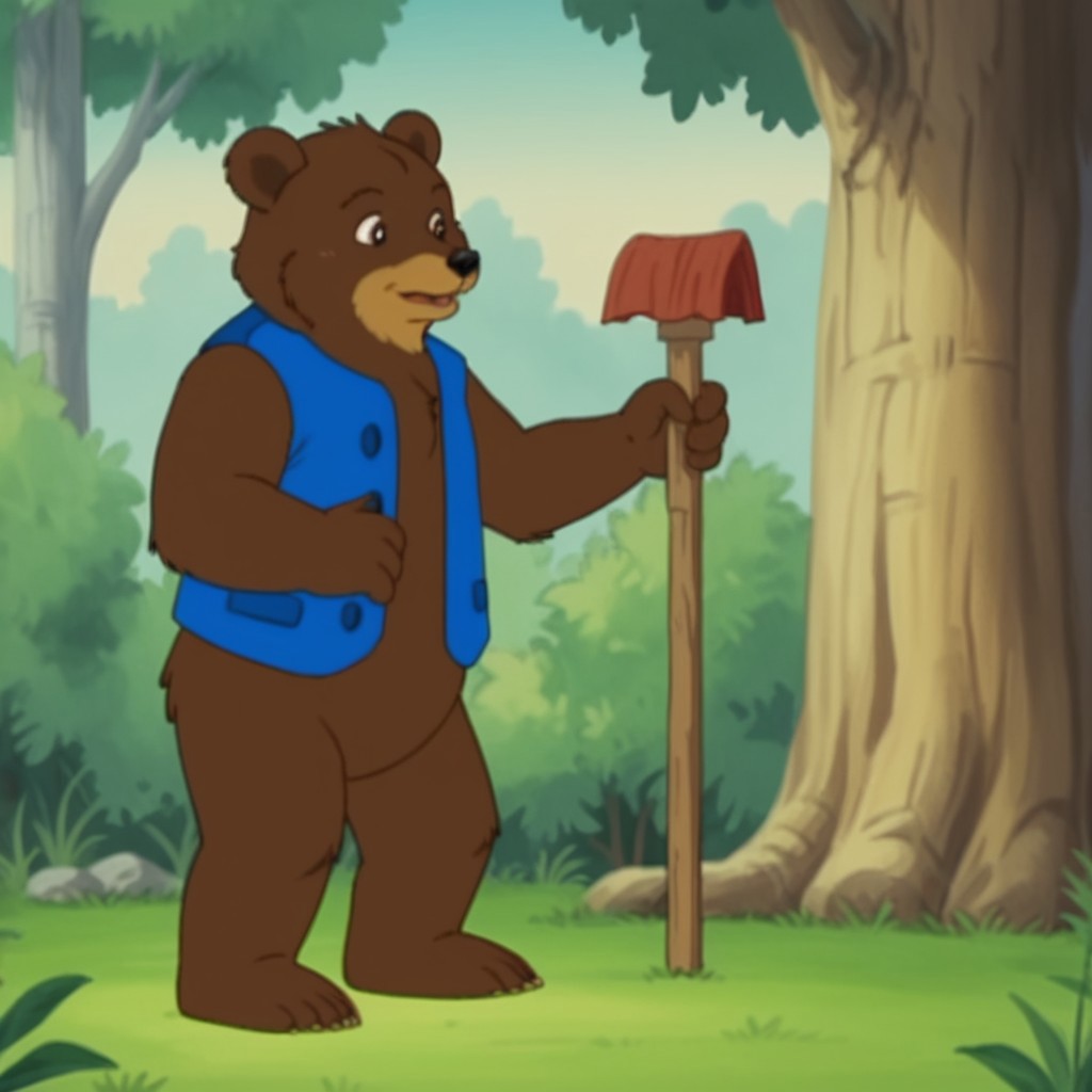 score_9, score_8_up, score_7_up, score_6_up, score_5_up, score_4_up, source_furry, bearfrnkln, semi-anthro, male, bear, brown fur, blue vest, outside, standing, in a forest