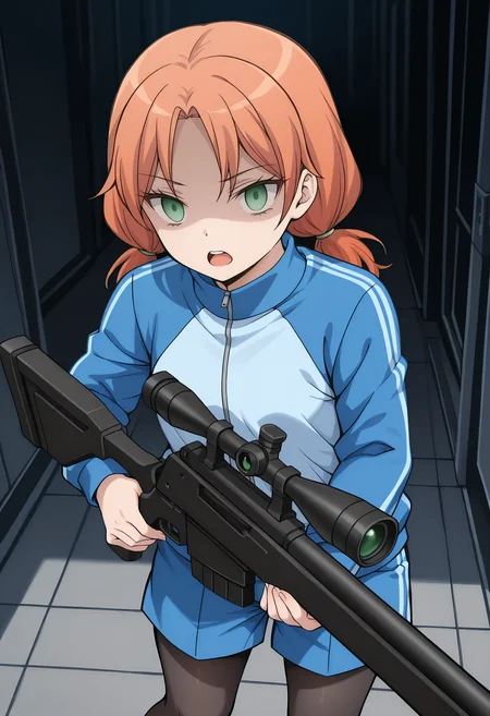 <lora:Hayami_Rinka:1>,Hayami_Rinka,1girl,orange hair,green eyes,low twintails,holding,sniper rifle,expressionless,no_pupils,empty eyes,shaded_face,open mouth,upper_teeth,blue track jacket,blue shorts,black_pantyhose,masterpiece,best quality,amazing quality,very aesthetic,absurdres,newest,looking_at_viewer,science fiction,
