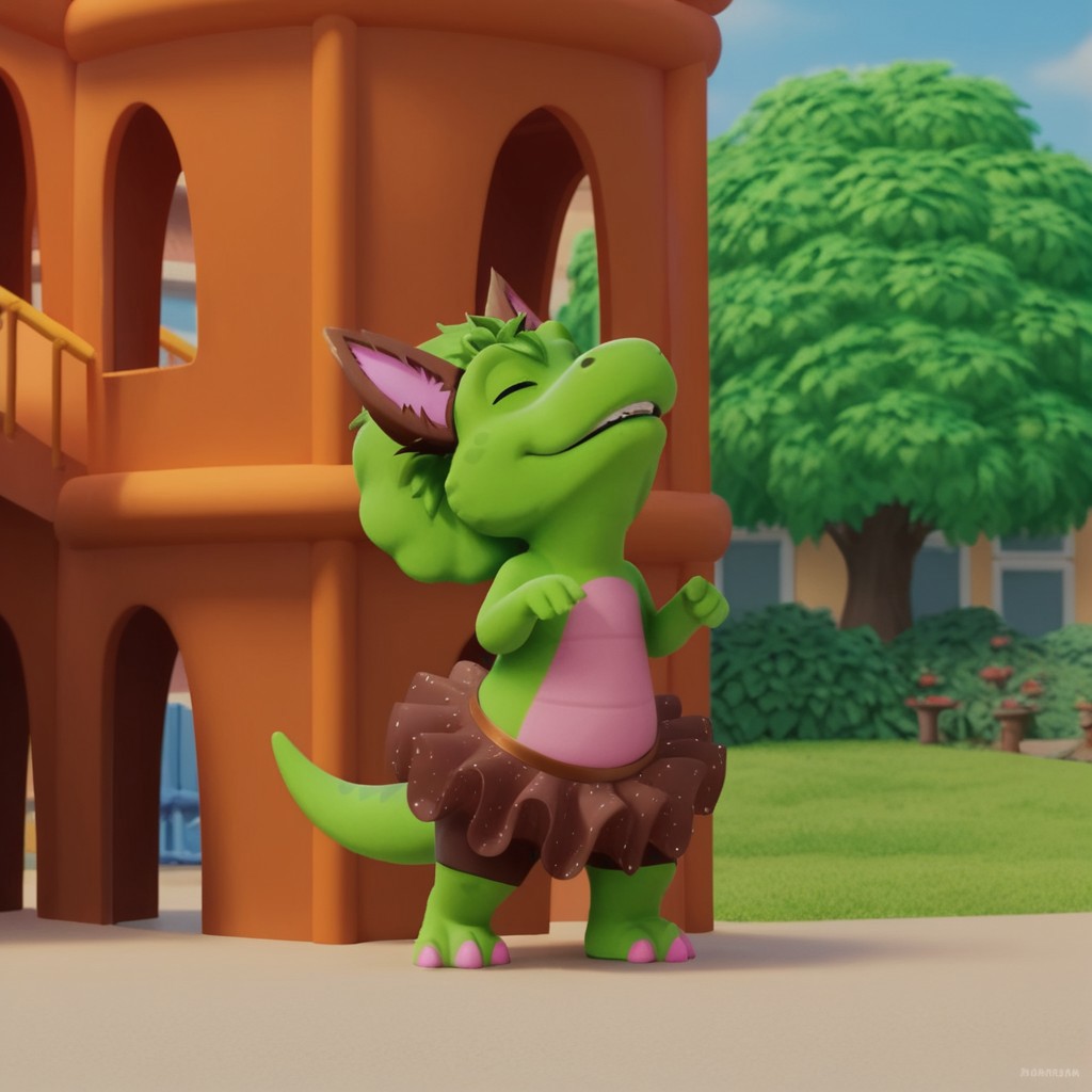 score_9, score_8_up, score_7_up, score_6_up, score_5_up, score_4_up, source_furry, bopbw, semi-anthro, female, dinosaur, green skin, green hair tuft, hands up, solo, no humans, tree, outdoors, day, full body, sky, standing, closed eyes, tail, lamppost, head back, howling at moon, wolf ears, brown skirt, brown shorts