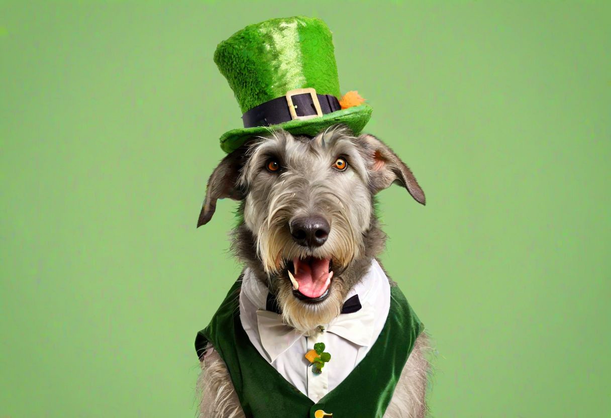 Fluffy Irish Wolfhound dog, oversized Saint Patrick costume, exaggerated features, playful expression, group of mischievous squirrels, tiny leprechaun hats and vests, cartoon style, bright colors, simple background