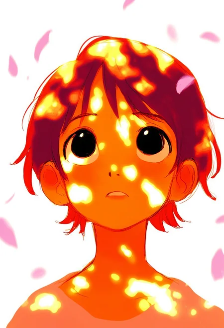froyoyogurt, 1girl, very awa, black eyes, jade short hair, big eyes
looking up, dappled light, sakura petals,
