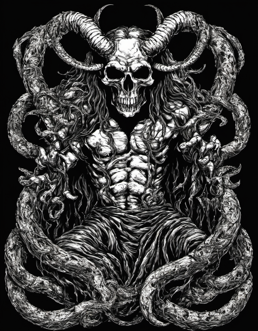 metal_tee, a demonic figure with horns and a snake-like body, holding a skull in its hands. The figure is surrounded by a large number of snakes, vector digital illustration, (black background:1.5) <lora:metal_tee_sdxl:1>