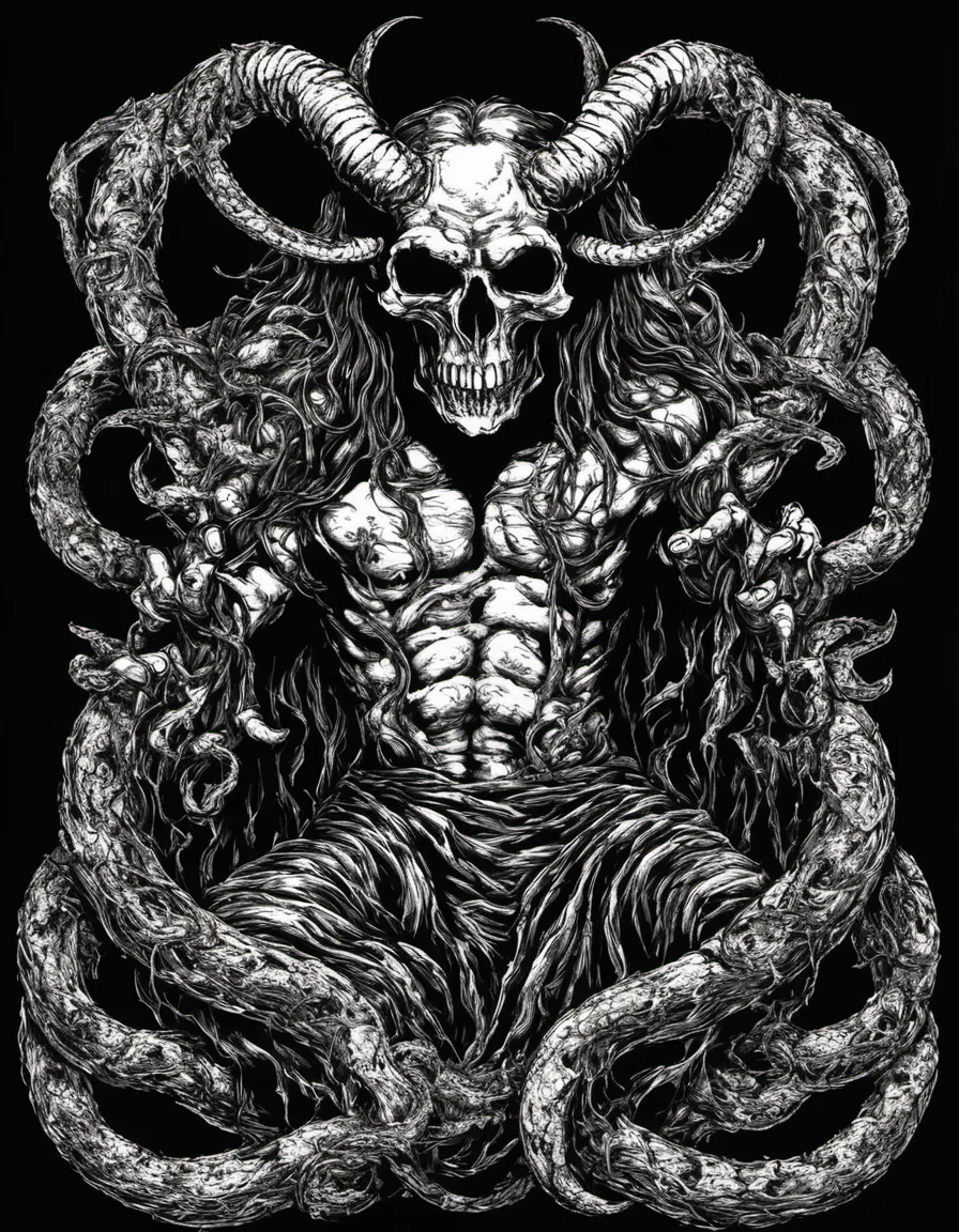 metal_tee, a demonic figure with horns and a snake-like body, holding a skull in its hands. The figure is surrounded by a large number of snakes, vector digital illustration, (black background:1.5) <lora:metal_tee_sdxl:1>