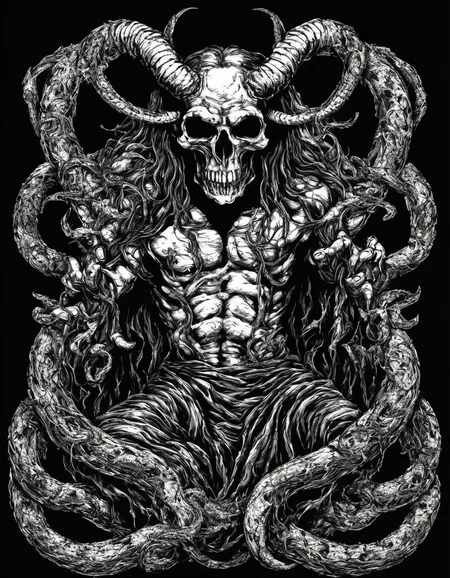 metal_tee, a demonic figure with horns and a snake-like body, holding a skull in its hands. The figure is surrounded by a large number of snakes, vector digital illustration, (black background:1.5) <lora:metal_tee_sdxl:1>