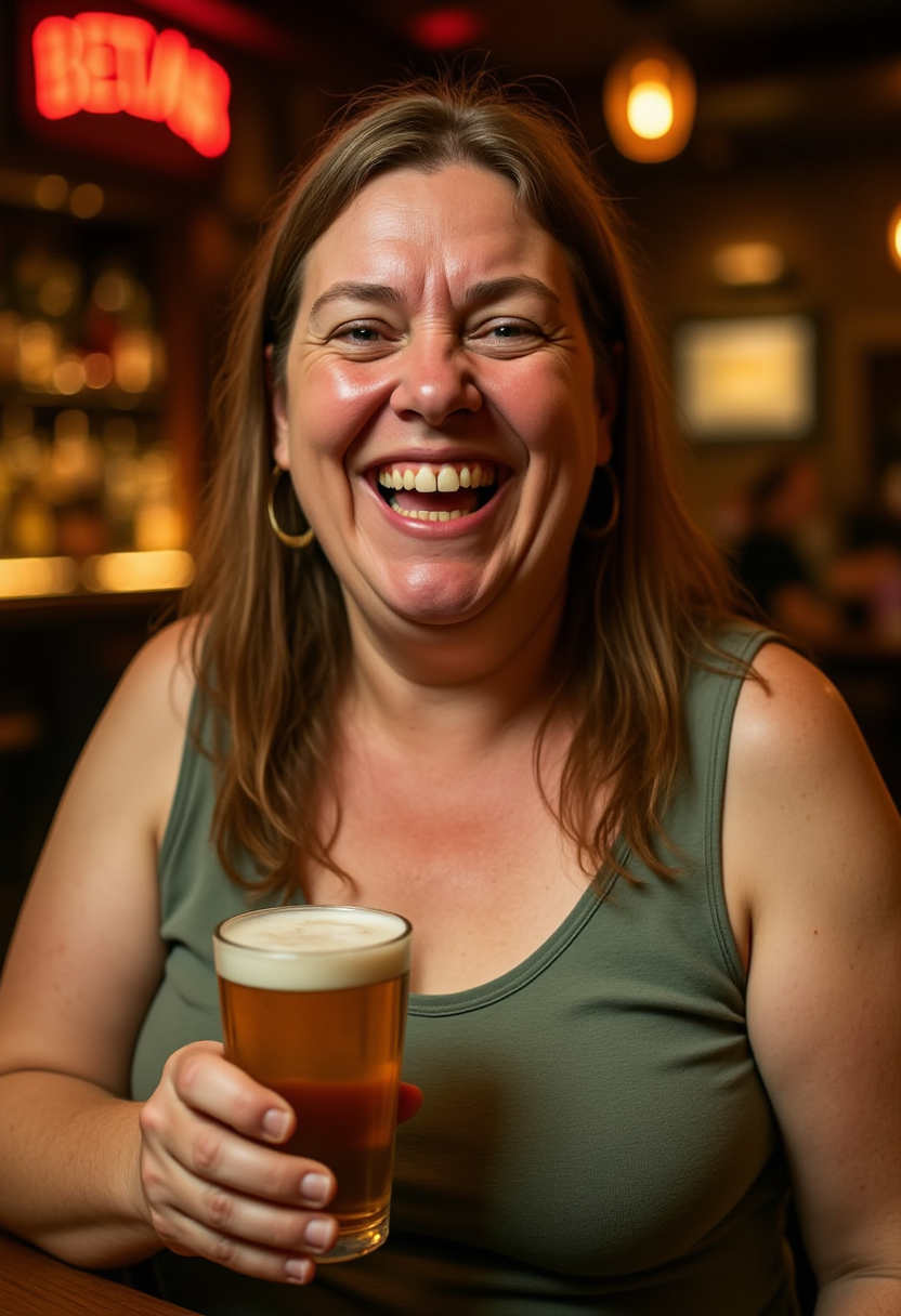 a woman sitting at a bar, smiling and holding a glass of beer in her hand. The background is slightly blurred, giving the focus to the woman and her drink.
