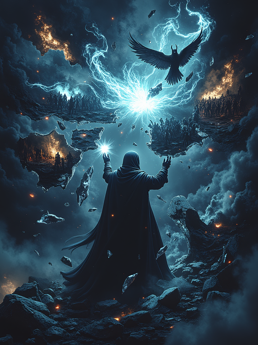 newfantasycore. 
image of a shattered vision of a dark fantasy mage, with the image broken into several fragments. Each fragment showcases a different scene the mage sees in their magic-induced vision. One fragment shows a massive army of undead rising from the ground, while another fragment depicts a ruined city burning to the ground. A third fragment should show the mage himself, surrounded by dark, swirling magical energy. The shards of the image should be connected by glowing, ethereal lines or cracks, creating the illusion of a fractured but interconnected vision.
