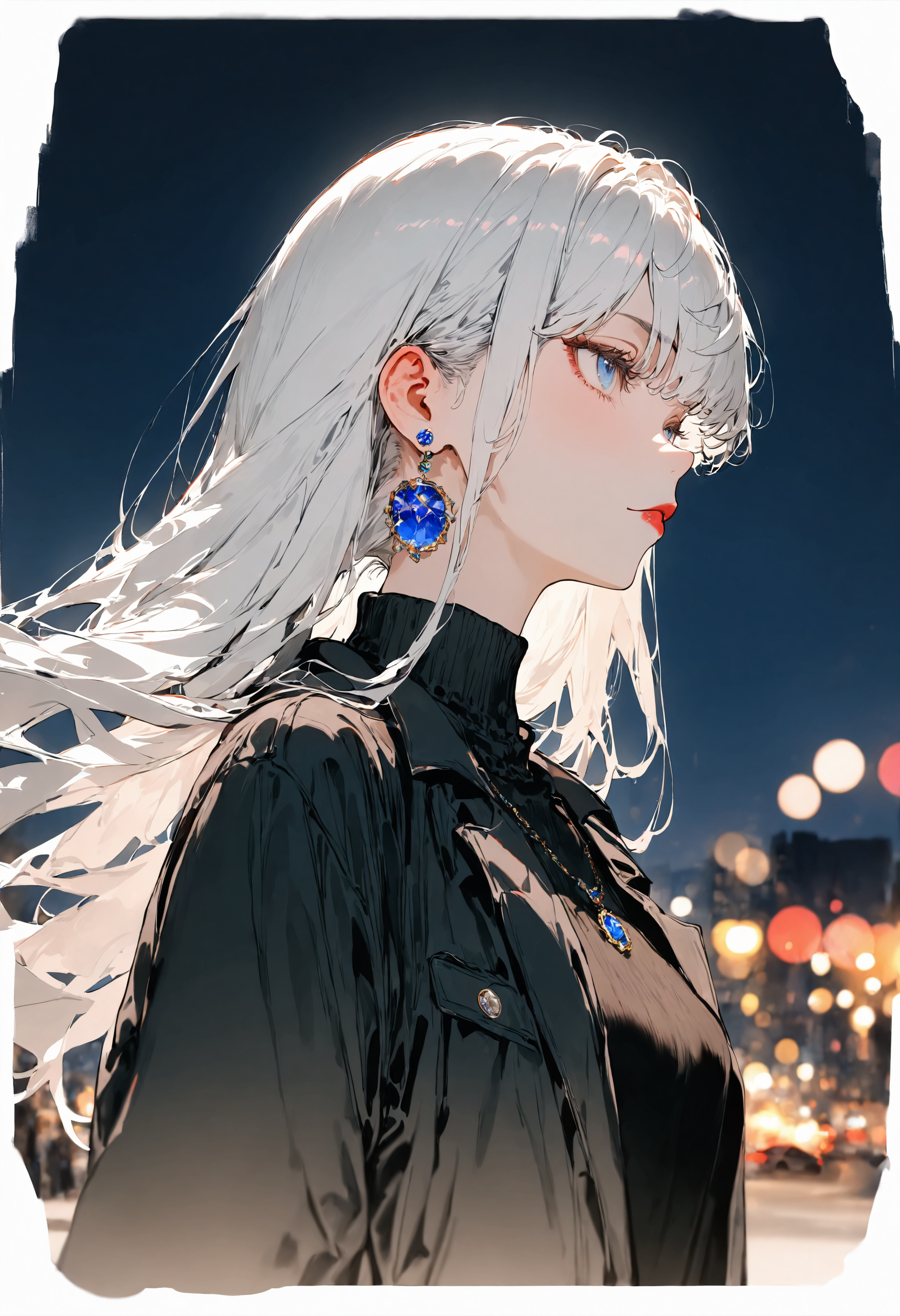 masterpiece, best quality, newest, absurdres, highres, very awa, anime screencap, film grain, limited palette, ambient occlusion, depth of field, intricate background, 1girl, motor vehicle, long hair, car, jewelry, earrings, night, blurry, blurry background, jacket, turtleneck, solo, white hair, upper body, from side, outdoors, necklace, closed mouth, black jacket, turtleneck sweater, depth of field, red lips, lips, bokeh, blue eyes, night sky, black sweater, city lights, ear piercing, piercing, realistic, sweater