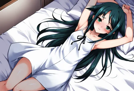 score_9, score_8_up, score_7_up, source_anime, uncensored, zPDXLxxx, <lora:intricate_details:1> intricate_details_xl, indoors, bedroom,
<lora:Saya_No_Uta_v1.0-000040:1> Saya, saya_(saya_no_uta), 1girl, solo, long hair, dress, looking at viewer, green eyes, bare shoulders, sundress, green hair, collarbone, blue hair, white dress, ribbon, hair flaps, arms up, lying in bed, from above, blushing, closed mouth, (tongue out:0.6), small breasts,