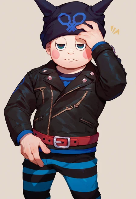 score_9_up score_8_up score_7_up, looking at viewer, simple background
BREAK
score_9_up score_8_up score_7_up, hoshi ryoma default, 1boy, blush stickers, fake horns, horns, horned headwear, short hair, black headwear, striped pants, leather jacket, leather, pants, striped, jacket, hat, belt, black jacket
 <lora:danganranpa_v3_pony_d16:1>