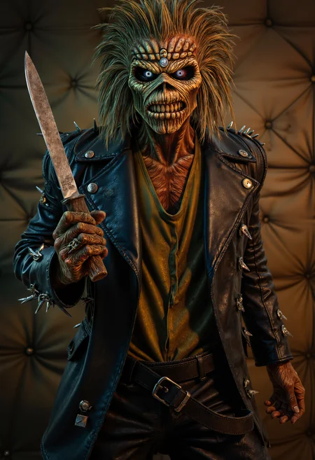 a man holding a knife, wearing a stricktjacket