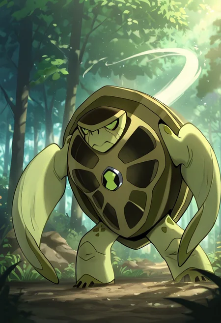 masterpiece, best quality, amazing quality, very aesthetic, absurdres, newest,, detailed background, 
terraspin, pokemon (creature), solo, no humans, closed mouth, green eyes, green skin, shell, turtle, 
, airbending, air powers, wind powers, strong winds, forest, blowing strong winds,