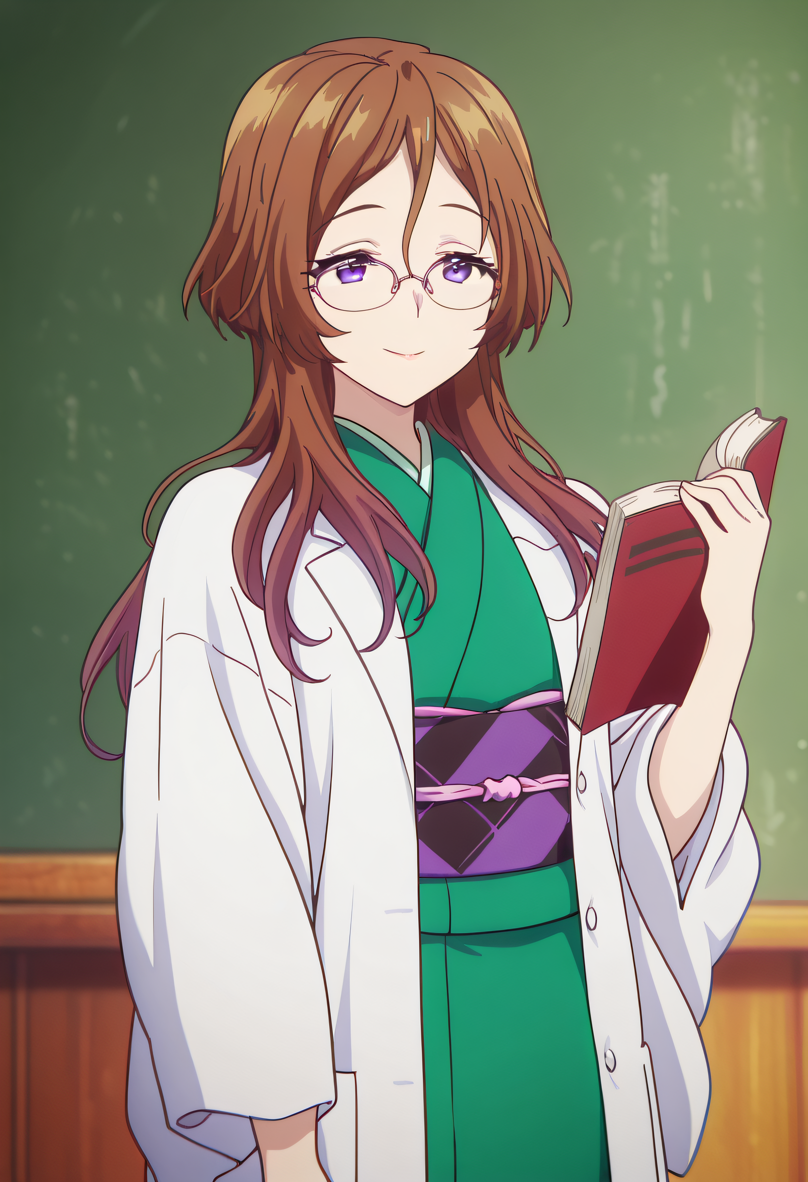 masterpiece,best quality,amazing quality,very aesthetic, absurdres

1girl, solo, Arisu Himeno, brown hair, purple eyes, long hair, glasses, pink-framed eyewear, 

green kimono, japanese clothes, sash, obi, labcoat, 

holding a book, smile, mouth open, chalkboard, green chalkboard, 

anime coloring, 


