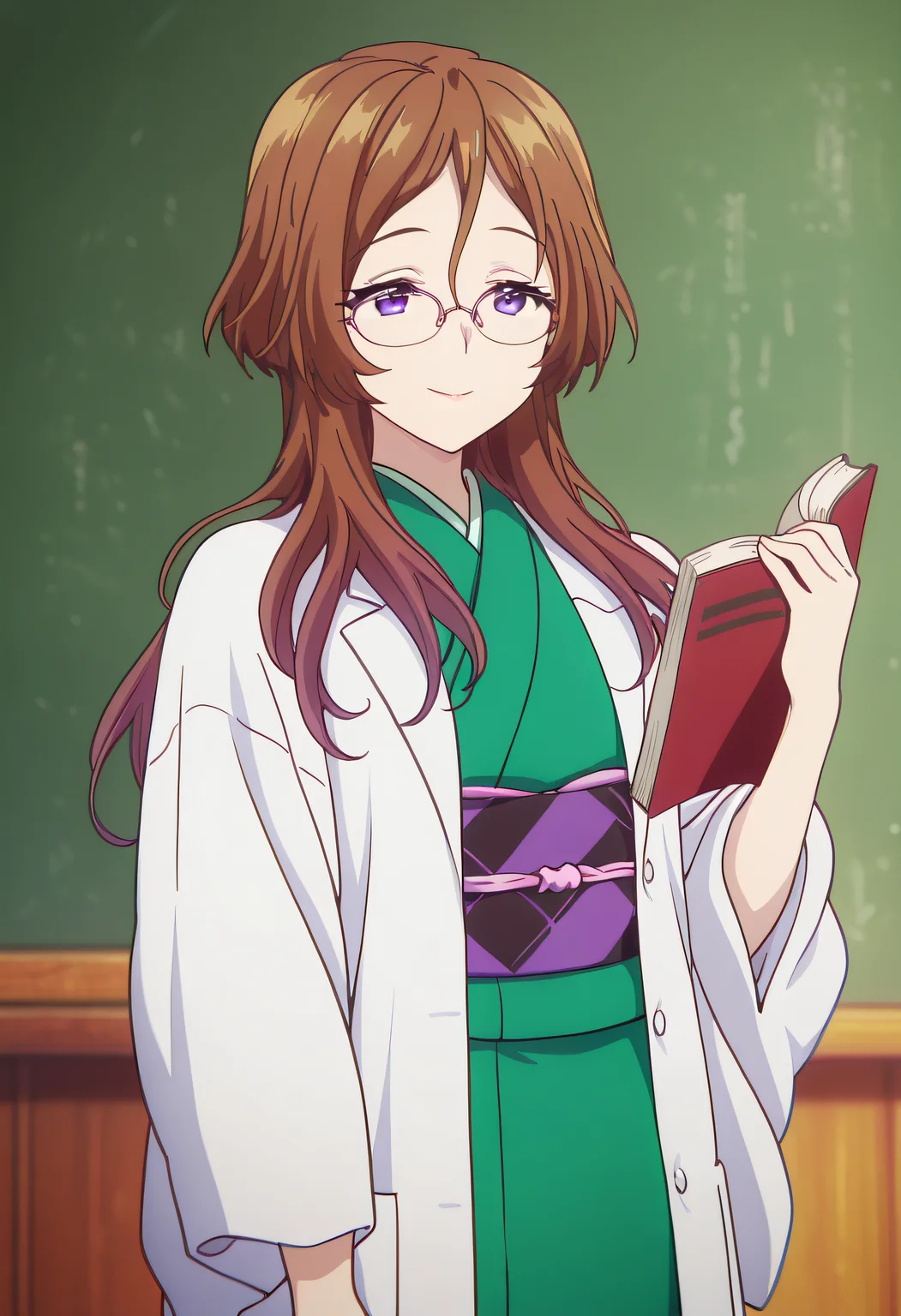masterpiece,best quality,amazing quality,very aesthetic, absurdres
1girl, solo, Arisu Himeno, brown hair, purple eyes, long hair, glasses, pink-framed eyewear,
green kimono, japanese clothes, sash, obi, labcoat,
holding a book, smile, mouth open, chalkboard, green chalkboard,
anime coloring,