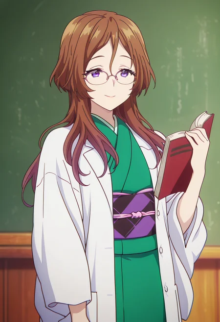 masterpiece,best quality,amazing quality,very aesthetic, absurdres
1girl, solo, Arisu Himeno, brown hair, purple eyes, long hair, glasses, pink-framed eyewear,
green kimono, japanese clothes, sash, obi, labcoat,
holding a book, smile, mouth open, chalkboard, green chalkboard,
anime coloring,