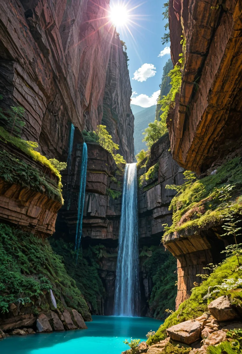 A sprawling valley of cascading waterfalls cutting through layered sandstone cliffs, viewed from a sweeping aerial perspective that reveals turquoise plunge pools and winding river networks. Golden-hour sunlight pierces mist rising from thunderous falls, illuminating intricate textures of water-smoothed rock strata and vibrant moss colonies clinging to vertical surfaces. Close-up details of fern fronds trembling in the perpetual spray, their fractal patterns echoed in the dendritic river deltas below. Low-angle shots framing monolithic cliff faces against swirling cloud formations, while tracking perspectives follow ibex traversing narrow ledges above abyssal gorges. Ultra-detailed 8k rendering captures every water droplet in mid-air suspension and crystalline reflections in ancient rockpools. A symphony of emerald, amber, and sapphire hues created by mineral-rich waters, lichen communities, and twilight's deepening azure gradients across the canyon's stratified geology.