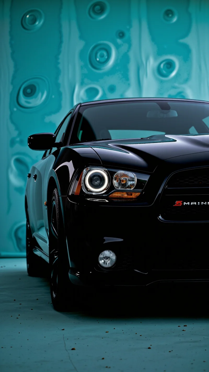 Close-Up Pulse Shot,Dodge Magnum - Brilliant Black paintjob,aqua sponge sway background,<lora:flux.1_lora_flyway_Epic-detail_v2:1>âââ