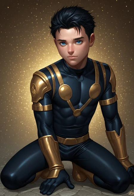 score_9, score_8_up, score_7_up, highly detailed, cute boy, 1boy, solo, young, Sam Alexander, Black Hair, Blue Eyes, Black Bodysuit, Gold Pauldrons, Gold Bracers, Gold Belt, Gold Boots,