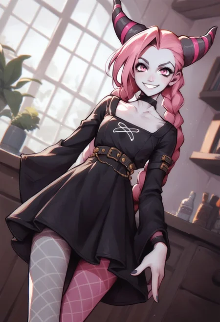 score_9, score_8_up, score_7_up, score_6_up, PRSNL, source_anime, jinx, jinx (dc), colored skin, grey skin, hair horns, pink eyes, pink hair,, choker, long sleeves, pantyhose, striped clothes, striped pantyhose, black dress, wide sleeves, collarbone,, indoors, smile, looking at viewer, solo,, cowboy shot, dutch angle