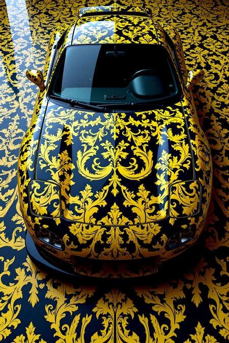 <lora:Ornamental_Patterns:0.8> OrnamentalPatterns style.
A stylized sports car Mazda RX-7 is fully wrapped in a golden-yellow ornamental damask pattern set against matte black bodywork. The symmetrical motifs consist of mirrored floral elements, scrollwork, and tight curling details, arranged in uniform repetition across the car's curves with precise alignment. The high-contrast gold pattern glows subtly, enhancing the sharp definition of each motif, even across complex surfaces like the hood, fenders, and spoiler. The ornamental texture integrates seamlessly with the carâs aerodynamic form, blending traditional elegance with modern industrial design. Rendered in high-resolution automotive visualization style, the lighting is clean and diffuse, ensuring every detail of the pattern is legible and crisply resolved across all contours.