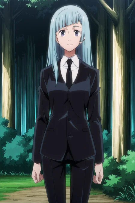 anime screencap, anime coloring, detailed face, masterpiece, best quality, very aesthetic, absurdres, volumetric lighting, official style, amazing quality, ultra detailed, highres, amazing quality, scenery, beautiful detailed hair, beautiful detailed eyes, defined fingers, five fingers,
<lora:StS-Illustrious-Detail-Slider-v1.0:4>
outdoors, trees,
<lora:Kasumi_Miwa_Jujutsu_Kaisen:1>
Kasumi Miwa (character), 1girl, suit, black suit, formal, collared shirt, black necktie, necktie, solo, purple eyes, pants, bangs, long hair, brown footwear, light blue hair, smile, looking at the viewer, cowboy shot