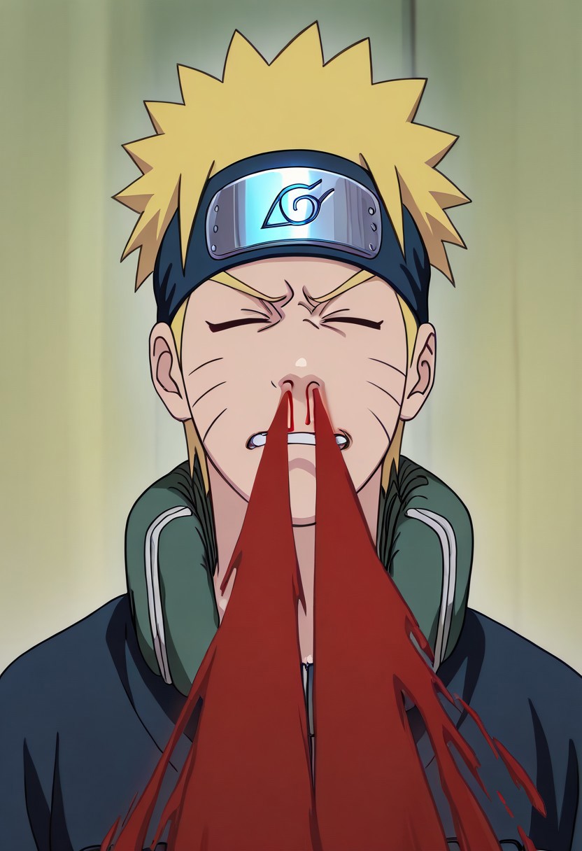 masterpiece, best quality, newest, absurdres, highres,  anime, anime style, solo, solo focus, ExcessiveAnimeNosebleed-ILV1.0, nose bleed, bleed, excessive nose bleed, blood, nosebleed, 1boy, uzumaki_naruto \(naruto\), blonde hair, spiky hair,