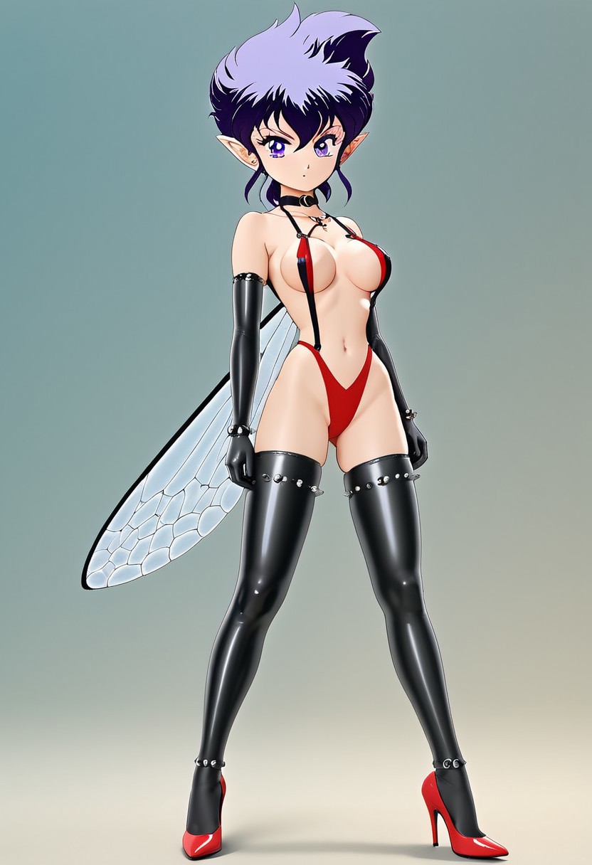Retro art style, full body, miniature person, solo, Pamila, cute face, lenga sticking out, pointy ears, fairy, fairy wings, teardrop hairstyle, anti-gravity spike hairstyle, long sideburns, low ponytail, simple ponytail, long ponytail, multicolored hair, blue-gray hair, violet hair tips, violet eyes, highly detailed pupils, medium breasts, (red swimsuit, slingshot swimsuit, choker, choker, black latex gloves, elbow gloves, bracelet, spiked bracelet, black latex stockings, thigh-high stockings, red heels, ankle bracelet, spiked bracelets), standing, from behind, ass, hand on hip, turning to face viewer, blurred background, gradient background