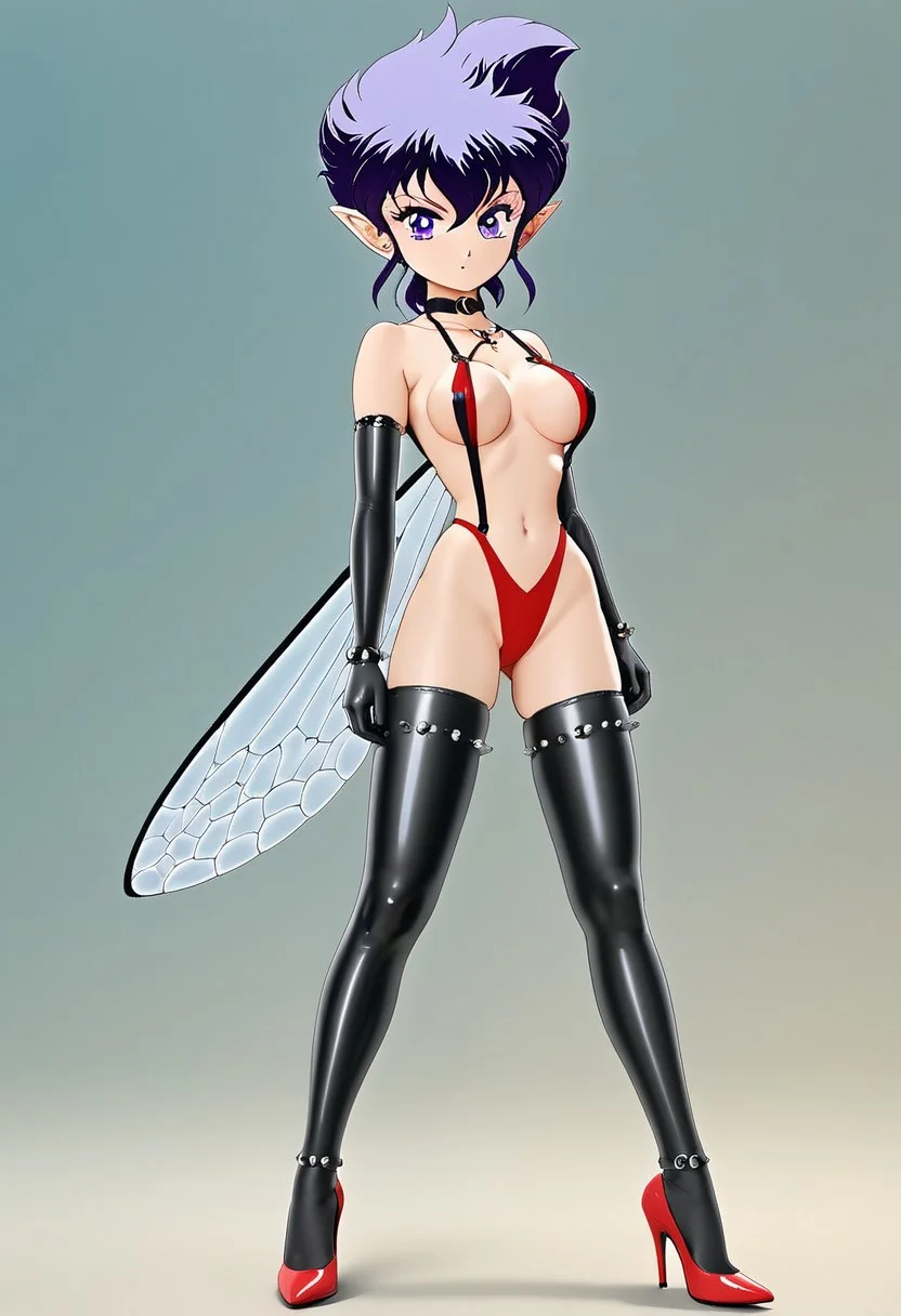 Retro art style, full body, miniature person, solo, Pamila, cute face, lenga sticking out, pointy ears, fairy, fairy wings, teardrop hairstyle, anti-gravity spike hairstyle, long sideburns, low ponytail, simple ponytail, long ponytail, multicolored hair, blue-gray hair, violet hair tips, violet eyes, highly detailed pupils, medium breasts, (red swimsuit, slingshot swimsuit, choker, choker, black latex gloves, elbow gloves, bracelet, spiked bracelet, black latex stockings, thigh-high stockings, red heels, ankle bracelet, spiked bracelets), standing, from behind, ass, hand on hip, turning to face viewer, blurred background, gradient background