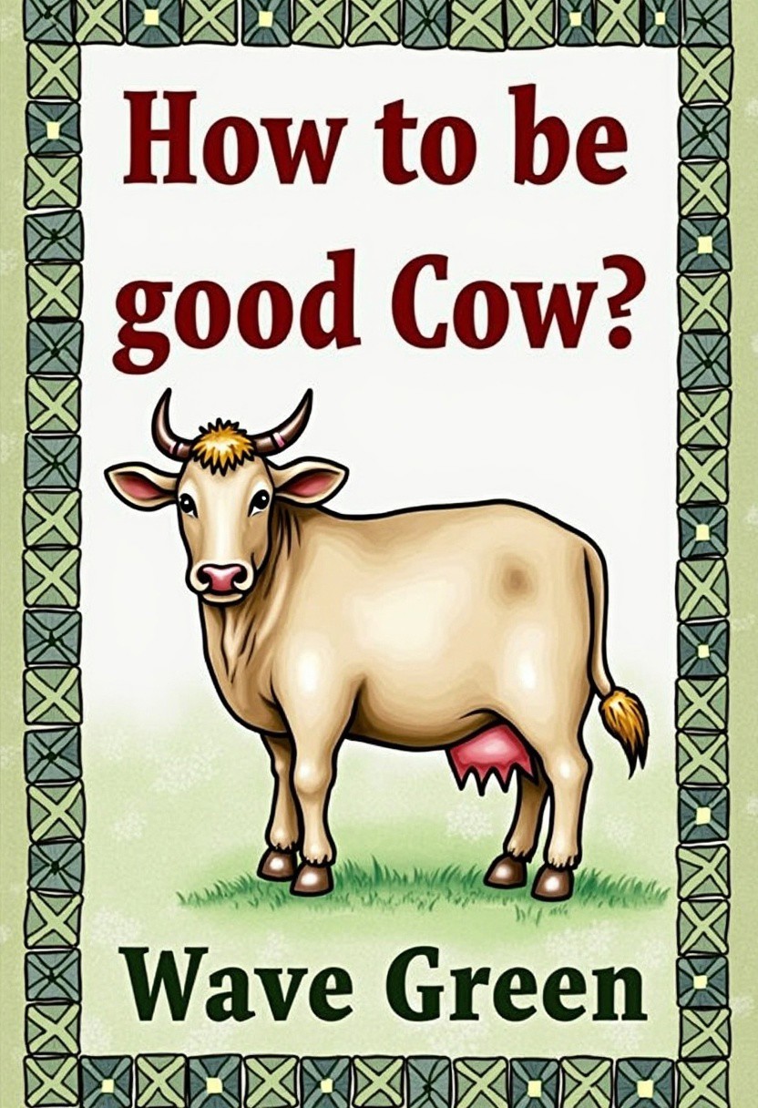 score_9, score_8_up, score_7_up,detailed background, Book cover,  unusual font,The caption, ‘How to be a good cow?’ by Wave  Green,
