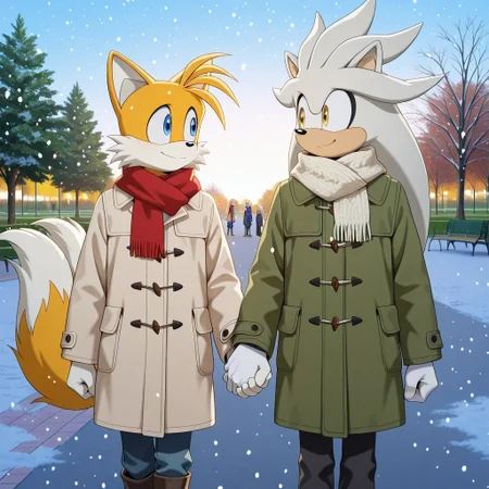 Masterpiece, newest, perfect quality, best quality, complex background, anthro, furry, human proportions, taller male, <furry male, Silver the hedgehog, broad shoulders, fit male, white fur, white skin, scarf, winter coat> holding hands Tails_IL blue eyes light green winter coat, fashionable outfit, blue eyes>, (romantic couple:1.4), (male and male) larger male, winter, snowing, (in a public park:1.5), looking at each other, talking, chatting, smile, ByCooliehigh, Tails_IL <lora:cooliehigh_7:0.4>